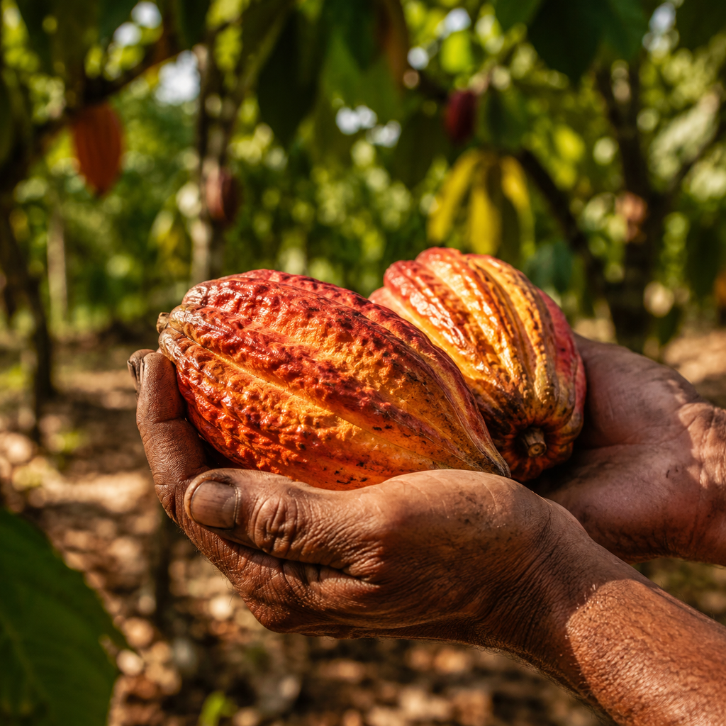 Hands holding freshly-harvested Dominican cacao pods