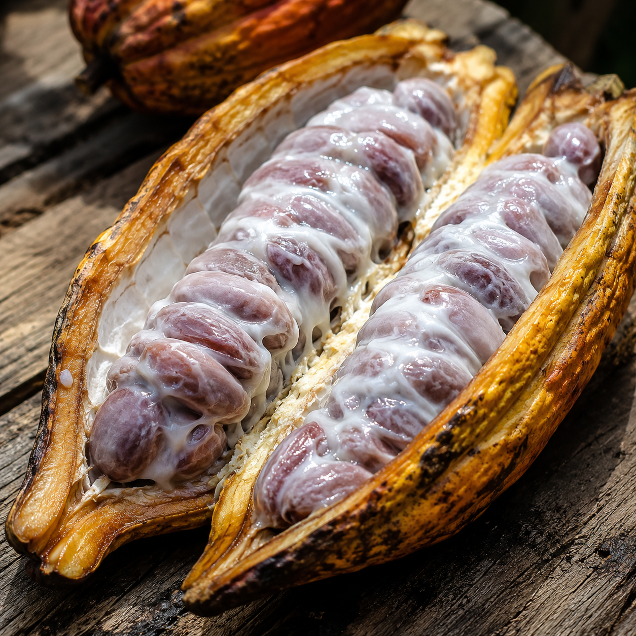 Open cacao pod showing fresh Dominican Trinitario/Criollo beans