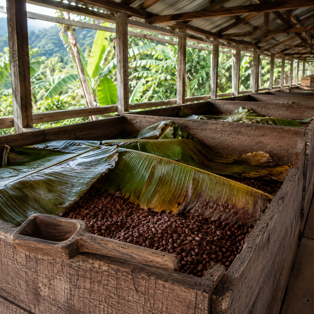 Traditional wooden fermentation boxes for Dominican cacao