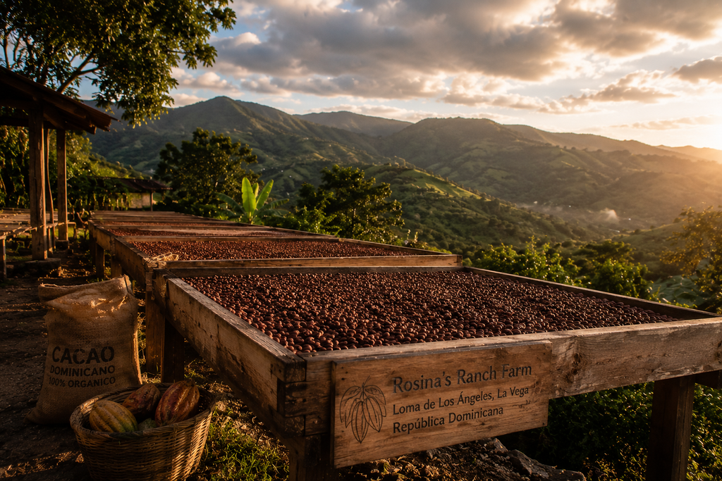 Cacao beans sun-drying on raised platforms in La Vega
