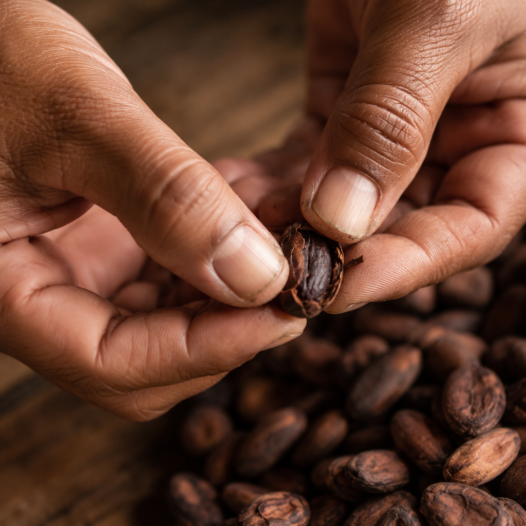 Hands cracking the husk of a roasted cacao bean