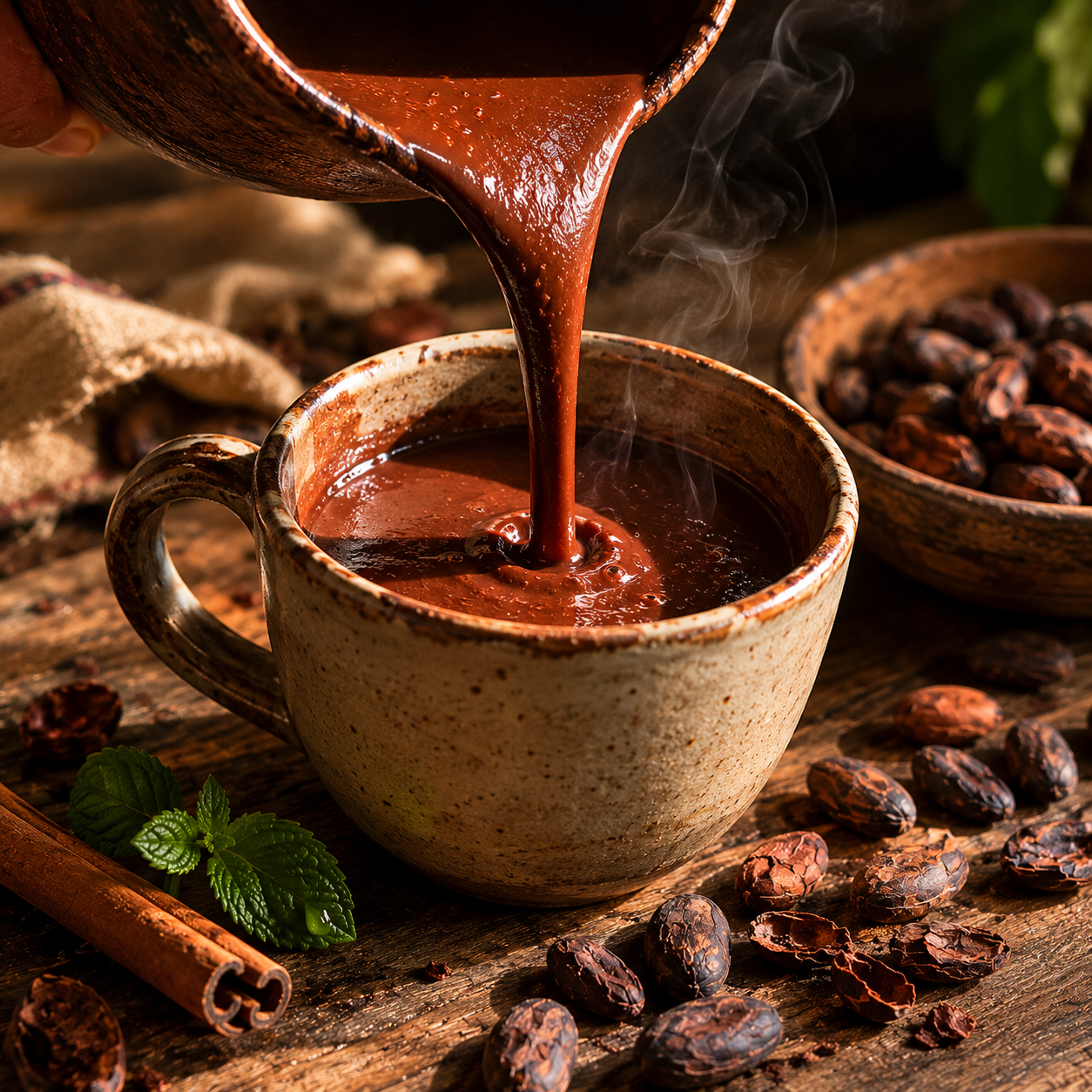 Glossy ceremonial cacao paste pouring into ceramic mug