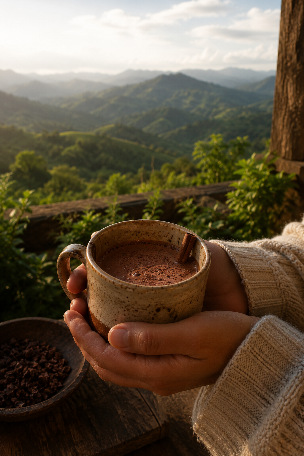 Hands holding a ceramic mug of foamy ceremonial cacao