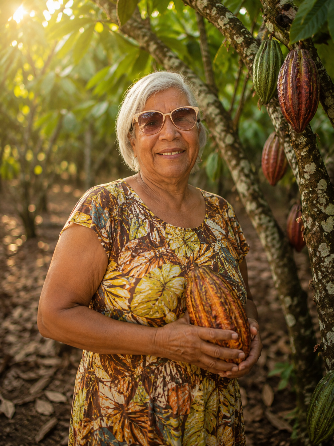 Heritage portrait of Dominican abuela holding a cacao pod among cacao trees on the family farm