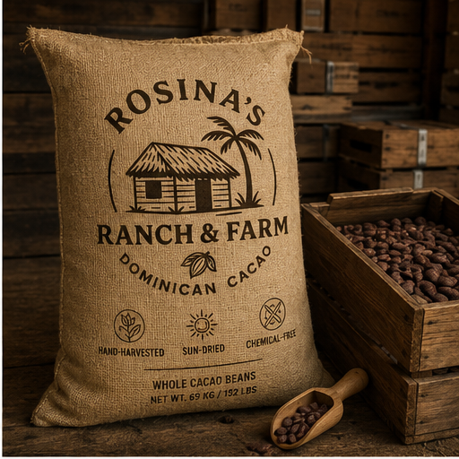 Rosina's Ranch Farm 50 kg jute sack with open crate of dried Dominican cacao beans