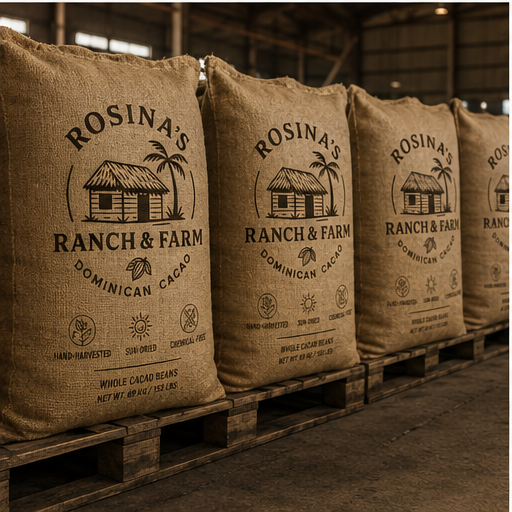 Pallet stack of branded cacao sacks in warehouse